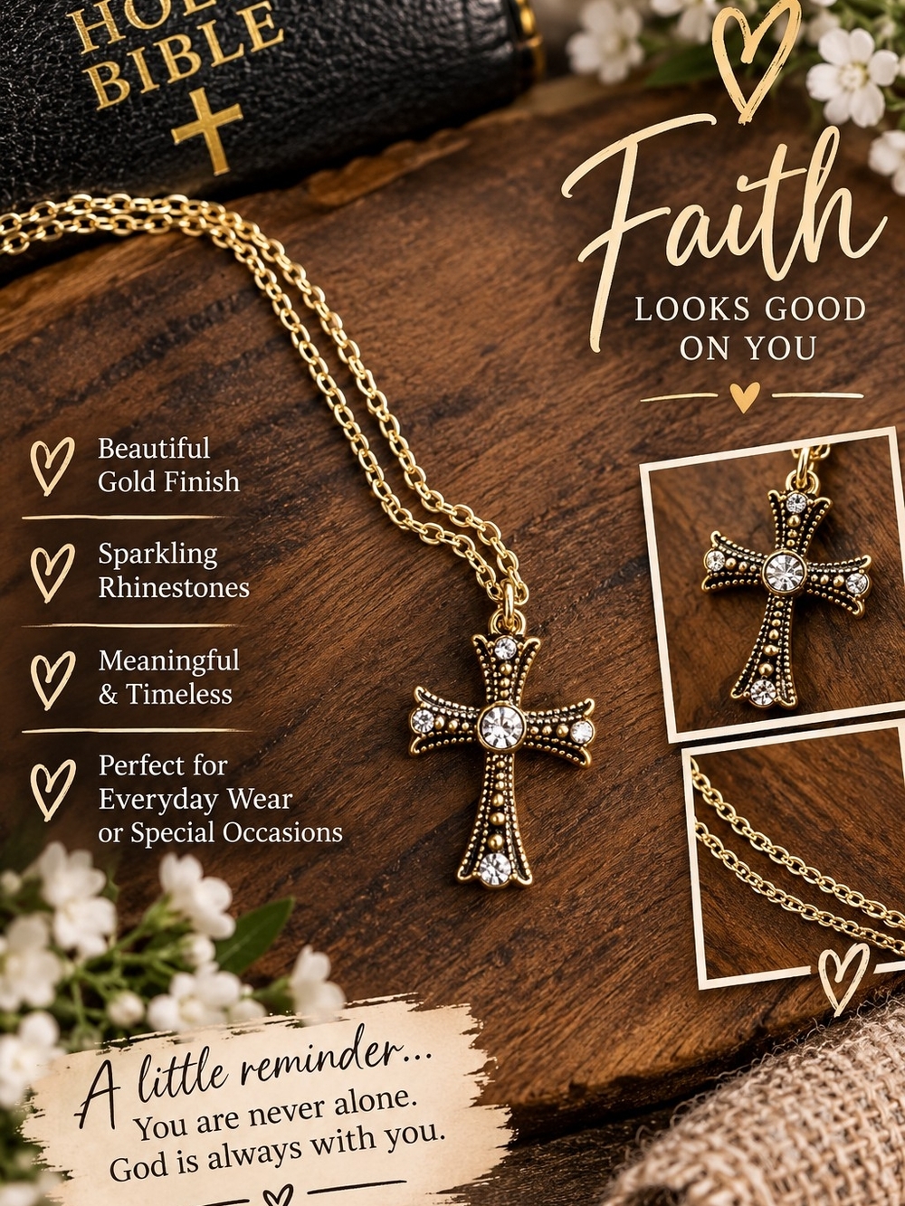 Gold Cross Pendant Necklace with Rhinestones - Faith Collection